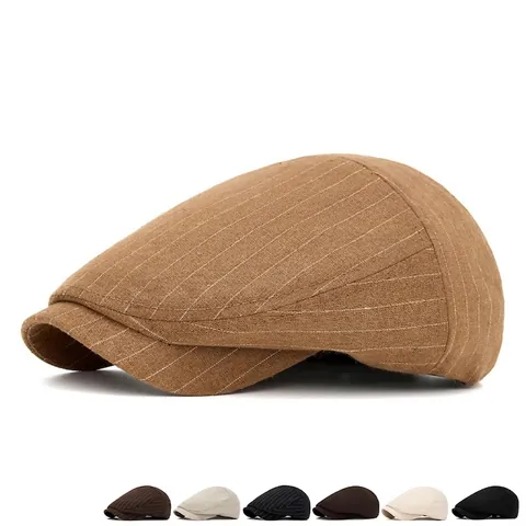 Vintage Flat Cap For Men Women Cotton Polyester Stripe Newsboy Hat Sunshade Casual British Style Adjustable