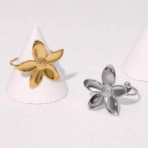 Flower Ring Stainless Steel 18k Gold Plated Adjustable Open Band Five Petal Floral Sweet Fashion Jewelry For Women