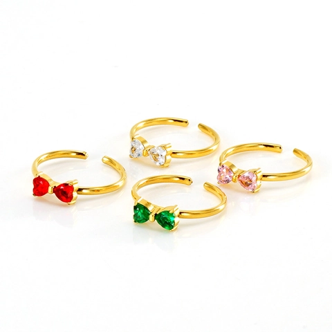 Bow Knot Adjustable Opening Ring Stainless Steel 18K Gold Plated Heart Shaped Zircon Elegant Fashionable Jewelry For Women