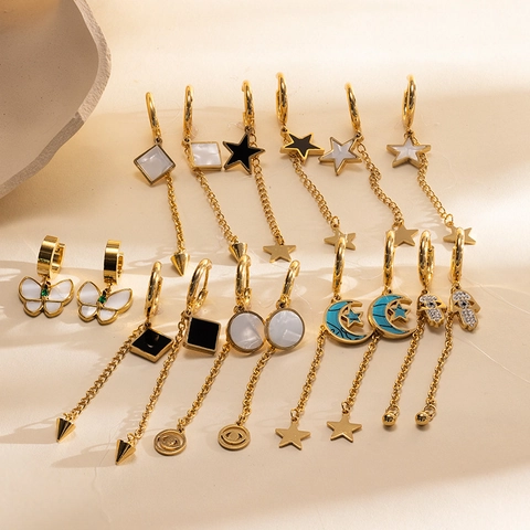 Edelstahl Hängeohrringe Für Damen 18K Vergoldet Lange Kette Quaste Stern Mond Hand Der Fatima Schmetterling Schmuck