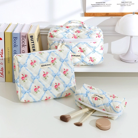 Bolsa De Maquillaje Acolchada Gran Capacidad Estampado Floral Mariposa Neceser Portátil Organizador Estilo Dulce