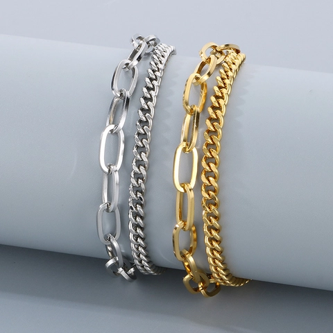 Double Layer Chain Bracelet Stainless Steel Paperclip And Curb Spliced Link Adjustable Fashion Jewelry For Women