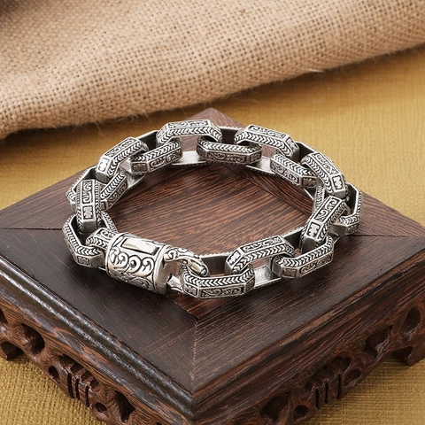 Men 316L Stainless Steel Retro Carved Bracelet Heavy Duty Chain Biker Jewelry Vintage Pattern Hand Accessory
