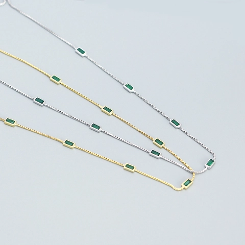 925 Sterling Silver Green Rectangular Gemstone Necklace Minimalist Adjustable Box Chain Clavicle Jewelry For Women