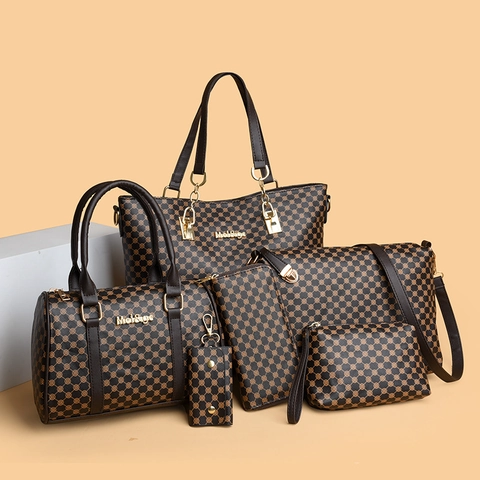 Women PU Leather Tote Handbag Crossbody Bag Clutch Wallet Key Pouch Geometric Pattern Vintage Style Gold Hardware