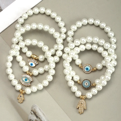 Damen Vintage Künstliche Perle Armband Mit Böser Blick Hand Der Fatima Herz Anhänger Gold Legierung Strass Perlen Schmuck