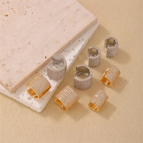 Pendientes Huggie Hoop Cobre Circonita Pavé Ancho Geométrico Minimalista Joyería De Moda Para Mujer