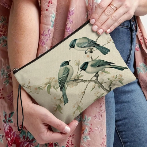 Bird Flower Print Makeup Bag Linen Canvas Zipper Cosmetic Pouch Portable Travel Storage Organizer Wristlet Handbag
