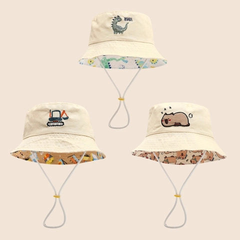 Kids Bucket Hat Cotton Sun Protection Cartoon Dinosaur Excavator Embroidery Fisher Hat For Boys Girls Adjustable Strap