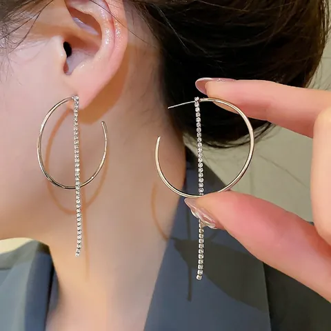 Geometrische Hoop Oorbellen Met 925 Sterling Zilveren Oorsteker Legering Strass Lange Kwast Lineair Voor Dames