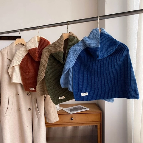 Dames Hoge Kraag Gebreide Nekwarmer Patchwork Zijspleet Omslagdoek Polyester Geribbelde Pullover Sjaal Voor Winter Warm Mode Accessoire