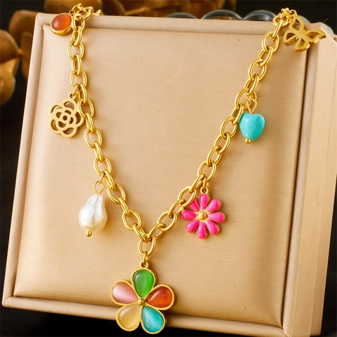 Stainless Steel Necklace Colorful Resin Flower Daisy Butterfly Artificial Pearl Heart Multi Charm Fashion Jewelry For Women