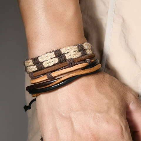 Herren Mehrlagiges Rindsleder Armband Handgewebt Hanfseil Holzperlen Retro Böhmisch Verstellbar Ethno Armreif