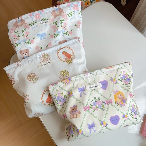 Trousse De Maquillage En Coton Floral Pochette Zippée Sac À Main Portable Organisateur Style Français Pour Femmes