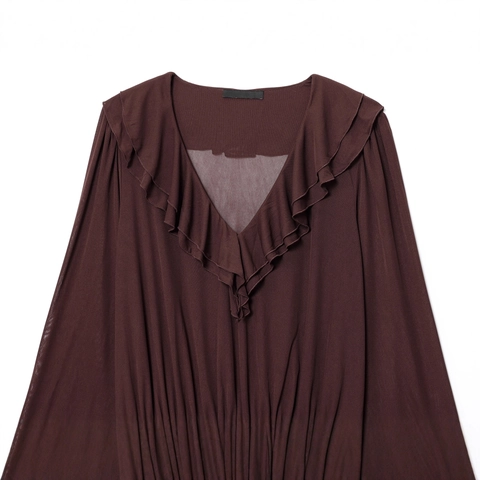 Women V Neck Long Sleeve Mini Dress Ruffled Ruched Elastic Waist Polyester Elegant Casual Fashion Plain Color