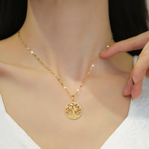 Tree Of Life Pendant Necklace Elegant Zircon Inlaid Copper Stainless Steel Clavicle Chain Jewelry For Women Gold