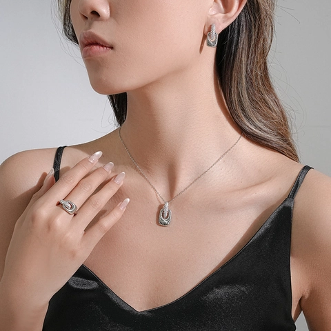 Wave Texture Fashion Jewelry Stainless Steel Geometric Rhinestone Pendant Necklace Earrings And Ring For Women