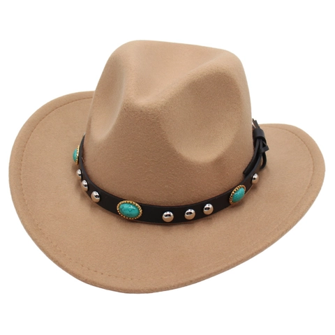 Kids Western Cowboy Hat Felt Studded Leather Band Turquoise Ethnic Retro Wide Brim Outdoor Sun Protection
