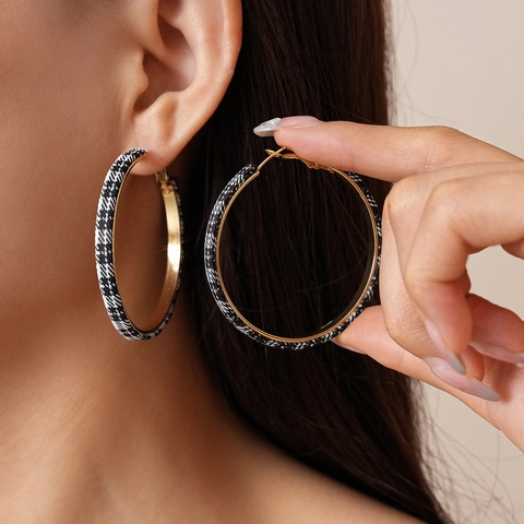 Orecchini A Cerchio In Tessuto A Quadri Pied De Poule Retrò Per Donna Gioielli In Lega Con Perno In Argento Sterling 925