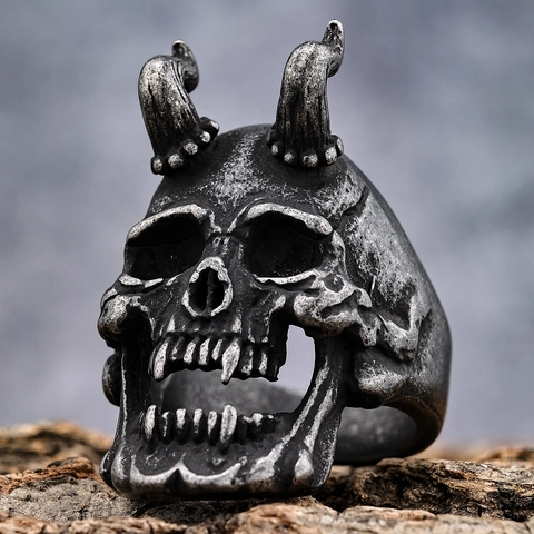 Horn Totenkopf Ring Edelstahl Vintage Gothic Punk Biker Schmuck Für Herren