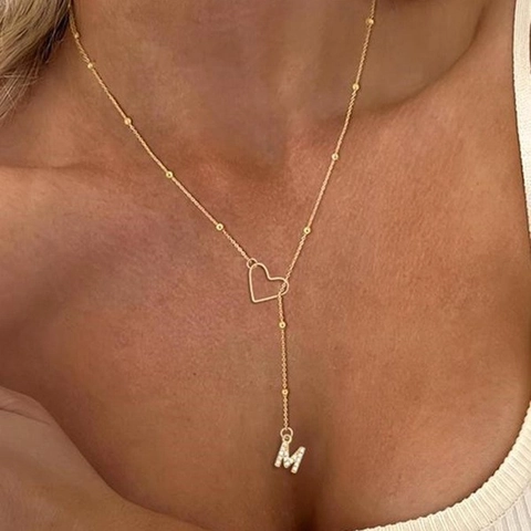 Alphabet Initial Necklace Copper Rhinestone Hollow Heart Y-Shape Clavicle Bead Chain For Women Elegant Accessory