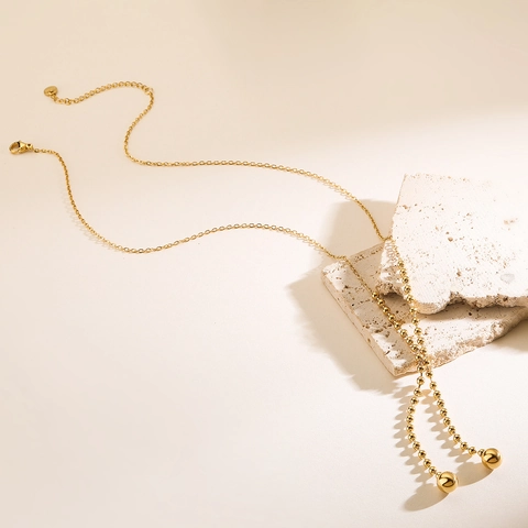 Minimalist Stainless Steel Gold Plated Y Necklace For Women Long Beaded Chain With Dual Ball Pendants Fashion Tassel Necklace Jewelry