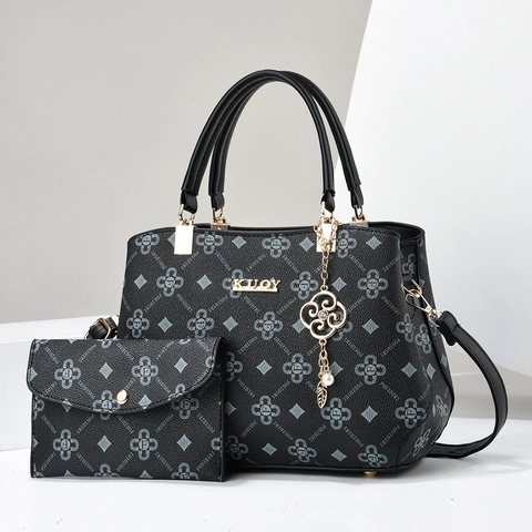 Fashion Women Handbag Pouch PU Leather Monogram Print Embossed Minimalist Large Capacity Shoulder Bag With Metal Pendant