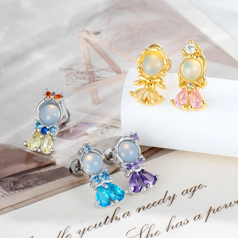 Zeemeermin Oorkraakbeen Stud Piercing Titanium Staal Koper Zirkoon Maansteen Zoete Cartoon Sieraden Cadeau Voor Vrouwen
