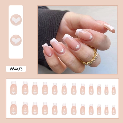 Unghie Finte Press On French Tip Bianca Con Motivo Cuore Rosa Nude Ballerina Forma Bara Per Donne
