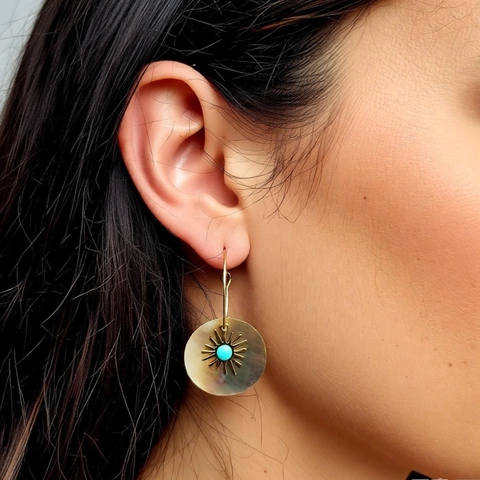 Bohemian Shell Drop Earrings With 304 Stainless Steel Earring Post And Imitation Turquoise Sunburst Charm For Women