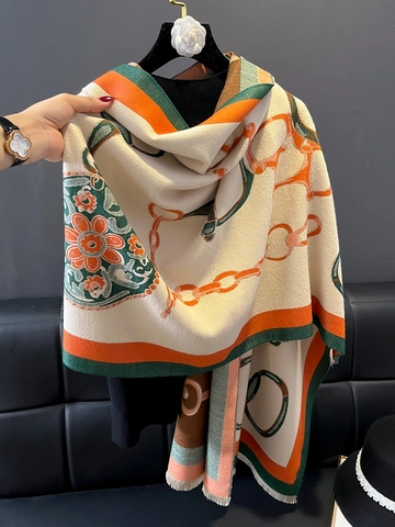Femmes Longue Écharpe Châle Imitation Cachemire Chaud Épais Hiver Wrap Équestre Mors Impression Rétro Mode Franges Gland