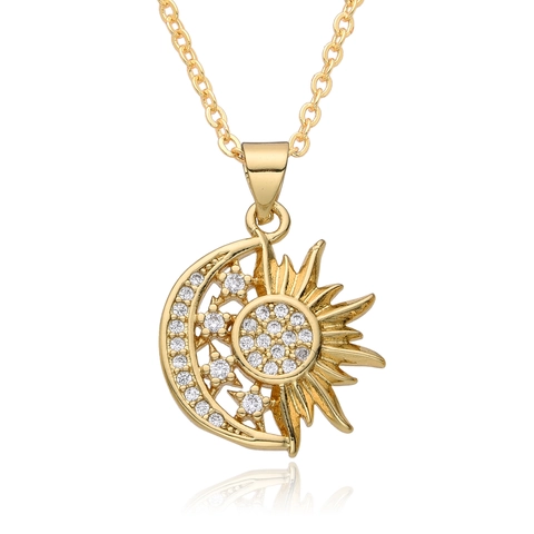 Collana con Pendente Celeste in Rame Etnico Occidentale Oro Strass Pavè Luna Sole Catena a Girocollo Gioielli da Donna