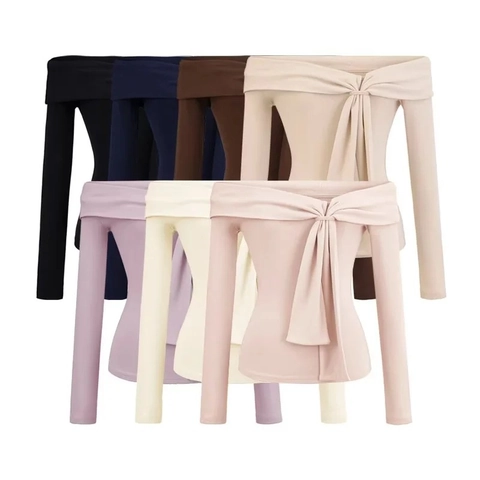 Women Off Shoulder Long Sleeve Top Viscose Elastane Ribbed Knot Front Bow Elegant Slim Fit Casual Chic Solid Color Tee