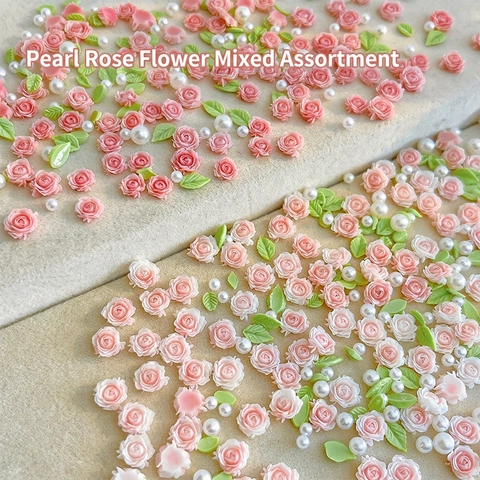 Gemischte Harz Rosenblüten Nagelkunst Anhänger 3D Blumendekoration Mit Kunstperlen Und Blättern Für DIY Maniküre