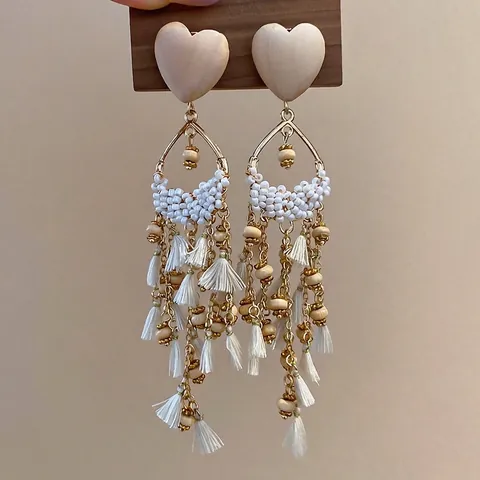Pendientes Largos De Borla Bohemios Corazón De Madera Cuentas De Vidrio Aleación Joyería Elegante Con Poste De Pendiente De Plata