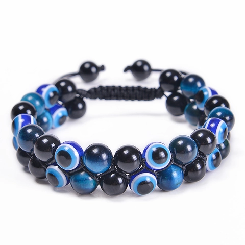 Multilayer Woven Beaded Bracelet Blue Tiger Eye Obsidian Evil Eye Protection Adjustable Lucky Charm Jewelry Men Women