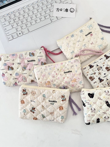 Quilted Padded Makeup Bag Cartoon Floral Pattern Portable Cosmetic Storage Pouch Zipper Coin Purse For Women