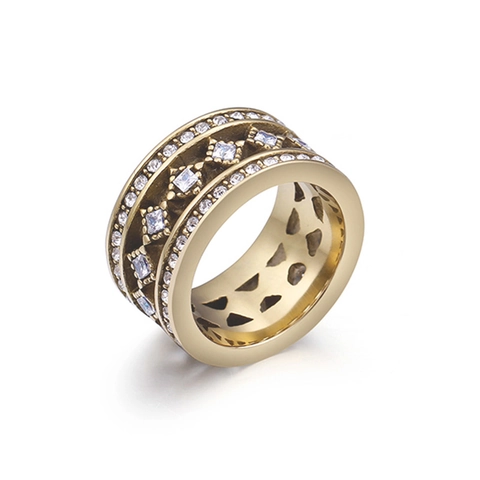 Bague Large En Acier Inoxydable Avec Zircon Blanc Géométrique Creux Losange Style Rétro Pour Femmes
