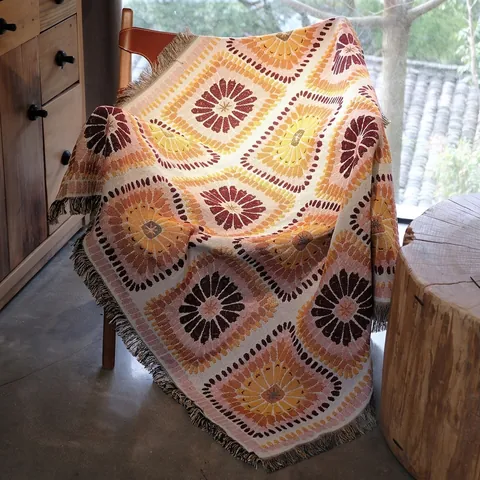 Coperta In Maglia Bohemien Poliestere Cotone Tessuto Nappine Frange Floreale Reversibile Tappetino Da Picnic Copridivano Retro Etnico