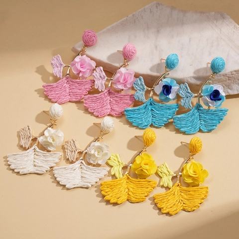Ginkgoblatt Ohrhänger Mit Raffia Blumen Und Silberstecker Böhmischen Resort Stil Mode Schmuck Für Damen