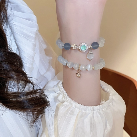 Cat Eye Stone Beaded Bracelet With Zircon Star Charm Elastic Geometric Elegant Fashion Jewelry For Women