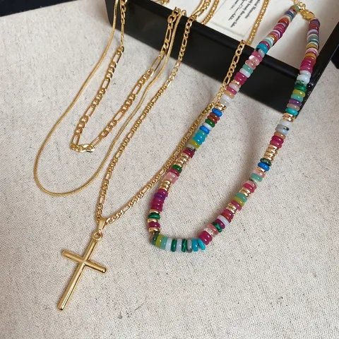 Layered Necklace For Women 18K Gold Plated Copper Cross Pendant Colorful Beads Bohemian Clavicle Chain Fashion Jewelry
