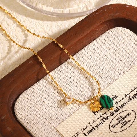 Collar de Acero Inoxidable con Colgante de Malaquita para Mujer Moda Occidental Hip Hop Estrás Chapado en Oro Joyería