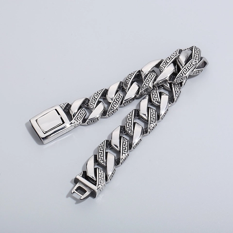 Bracelet Maille Cubaine Acier Inoxidable 316L Motif Clé Grecque Bijoux Rétro Biker Pour Hommes