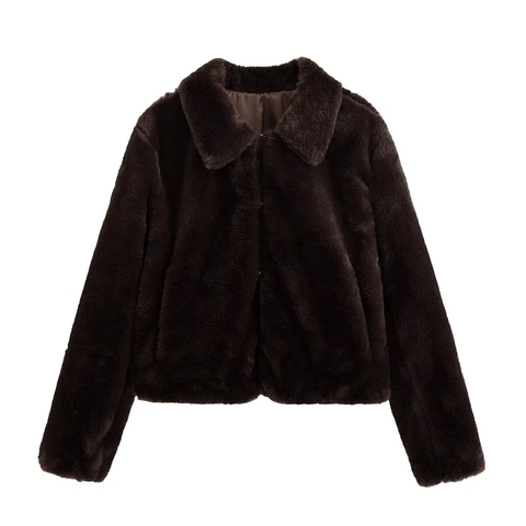 Women Faux Fur Jacket Brown Long Sleeve Zipper Lapel Short Plush Coat Casual Solid Color Fashion Outerwear