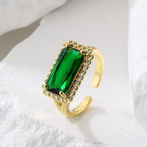 Verstelbare Open Ring Dames Smaragdgroene Zirkoon Geometrisch Hart Vierkant Koper Verguld Luxe Vintage Sieraden