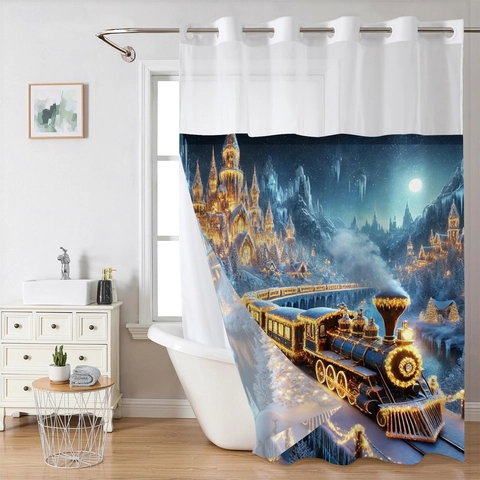 Weihnachts Duschvorhang Hakenlos Wasserdicht Polyester Waffelgewebe Mit Abnehmbarem Futter Magnetischer Boden Zauberschloss