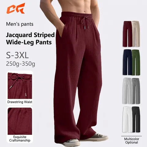 Men Casual Straight Leg Pants Wide Leg Textured Ribbed Stripe Drawstring Elastic Waist Trousers