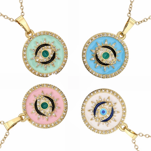 Evil Eye Anhänger Halskette Kupfer Mikropavé Zirkonia Bunte Emaille Runde Schmuck Für Damen
