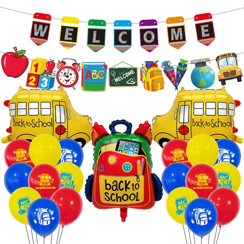 Ensemble de Décorations de Fête de Rentrée Scolaire Bannière Welcome Autobus Scolaire Sac d'École Crayon Ballons en Aluminium et Latex pour Classe Maternelle